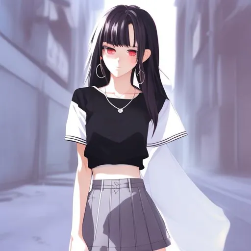 Prompt: an extremely beautiful teenage girl with black hair, black eyes, feminine body, big chest and thin waist, wearing a white t- shirt  and black skirt, in an Anime style