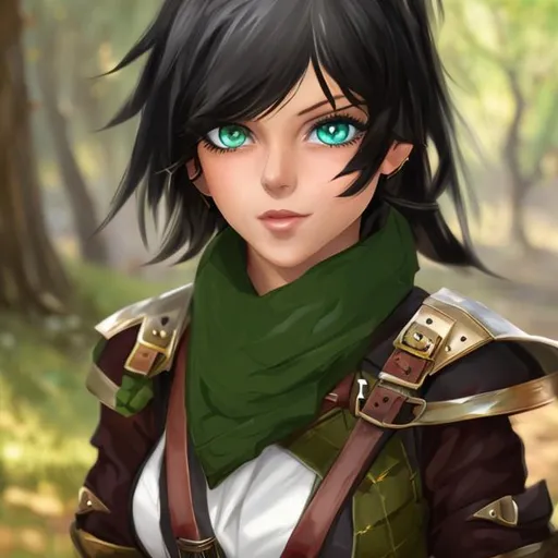 Prompt: short Girl, Black hair, Sharp green eyes, adventurer clothing
