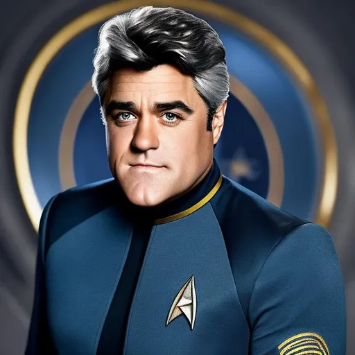 Prompt: A portrait of Jay Leno, wearing a Starfleet uniform, in the style of "Star Trek the Next Generation."