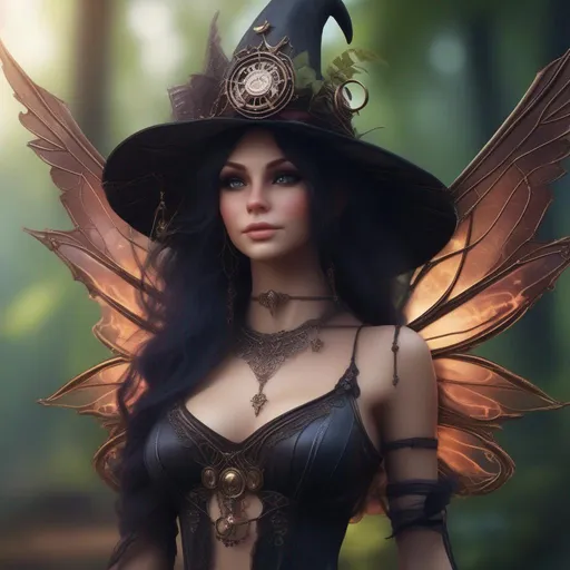 Prompt:  Shes a Steam Punk, gothic witch.  distinct Winged fairy, with a skimpy, ((colorful)), gossamer, flowing outfit, standing in a forest by a village. ((Wide angle)),  Detailed Illustration. 4k, 8k.  Full body in shot. Hyper realistic painting. Photo real. A ((beautiful)), ((shapely)) woman with ((hyper realistic)) hands, and ((vivid)) colorful, ((bright)) eyes. A ((distinct))  Halloween night. Concept art. Matte painting. ((Epic)). ((Cinematic))