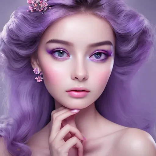 Prompt: Gorgeous lady wearing lavender dress, AI, fined features, 8K, fair and glossy skin, big eyes, light makeup, fashion jewelry, babypink lips