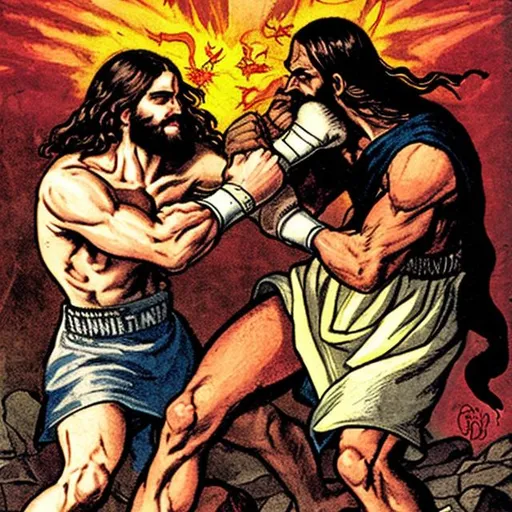 Prompt: Jesus punching out satan