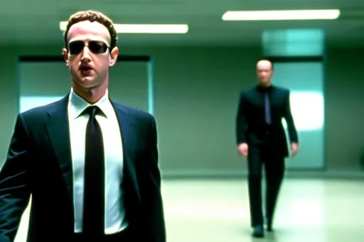 Prompt: 4k photo realistic cinematic still of ((Mark Zuckerberg)) as Agent Smith in the movie The Matrix (1999), suit, sunglasses, centered in frame, facing camera, symmetrical face, ideal human, ultra details, natural light, light background, film, Studio lighting