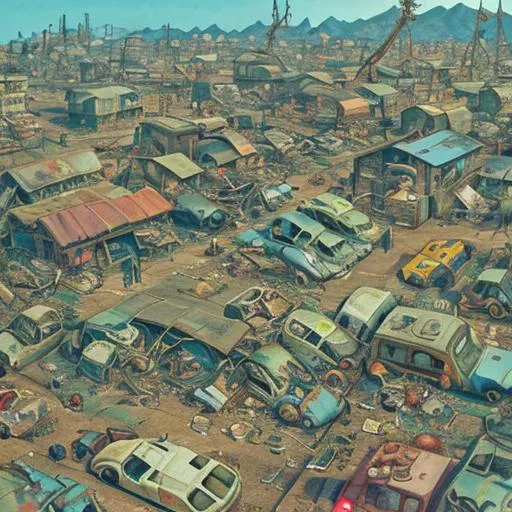 Prompt: Make me a birds eye view of a  junkyard in ghibli style