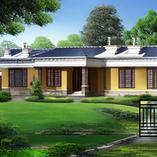 Prompt: Design a beautiful single-story u-shaped  house, 
 5000 square feet, Feng Shui