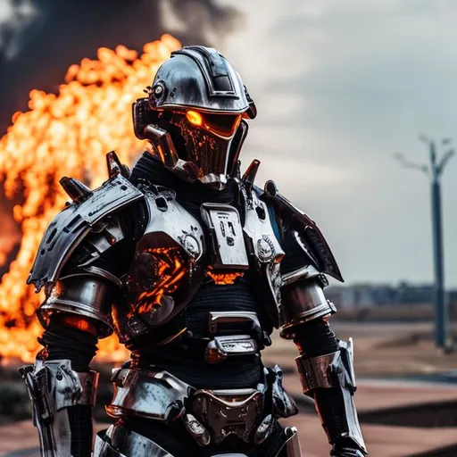 Prompt: Man in heavy futuristic Armour, fire in Background