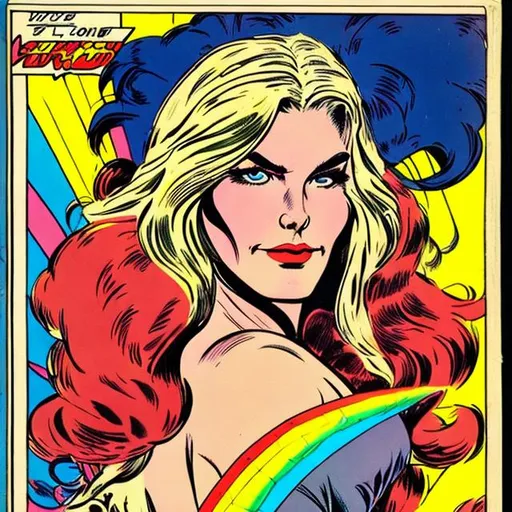 Prompt: a vintage 1970s era comic book heroine with long flowing white hair, whose super-power is throwing light of all colors of the spectrum, vivid and bright, primary colors