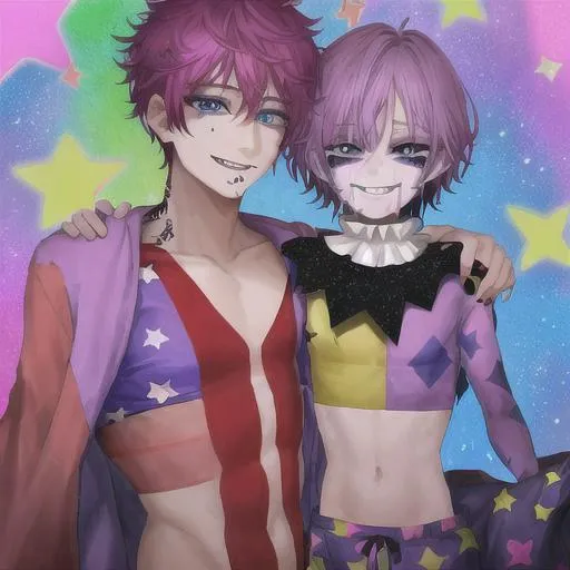 Prompt: male, purple (short) hair,  wearing a clown out fit with stars on the pants , clown painted face, smiling, only one person,  blue eyes, eyes sewed shut. crying, gore