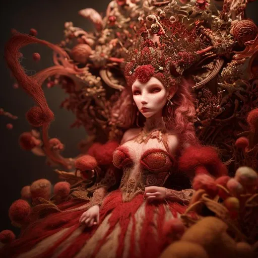 Prompt: needle-felted queen, red, intricate details, insane details, volumetric lighting