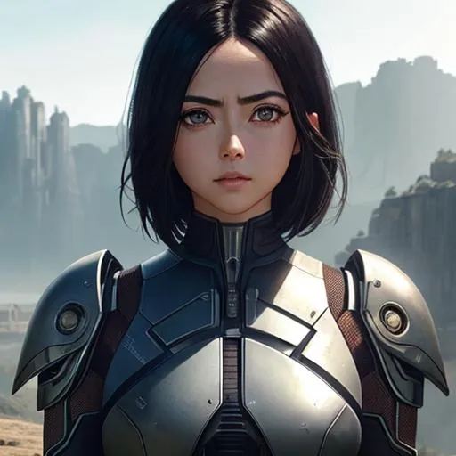 Prompt: alita, full body,brow eyes ,perfect composition, render trending on artstation, 8 k artistic photography, photorealistic concept art,natural volumetric cinematic perfect light, robotic ,black hair, Digital illustration, gorgeous ,perfect composition, render trending on artstation, 8 k artistic photography, photorealistic concept art, natural volumetric cinematic perfect light,cyborg