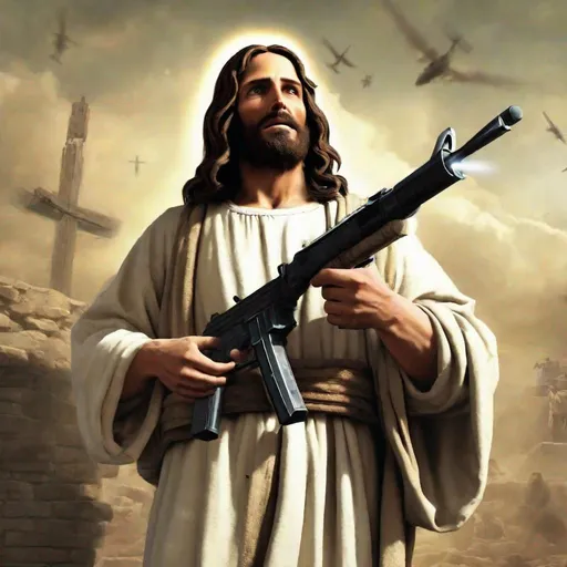 Prompt: Jesus, call of duty, gun