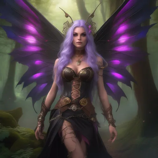 Prompt: Epic. Cinematic. Shes a (colorful), Steam Punk, gothic, witch. ((spectacular)), Winged fairy, with a skimpy, ((colorful)), gossamer, flowing outfit, standing in a forest by a village. ((Wide angle)). Detailed Illustration. 8k.  Full body in shot. (Hyper real painting). Photo real. A ((beautiful)), shapely, woman with ((anatomically real hands)), and ((vivid)) colorful, ((bright)) eyes. A ((pristine)) Halloween night. (Concept style art). 