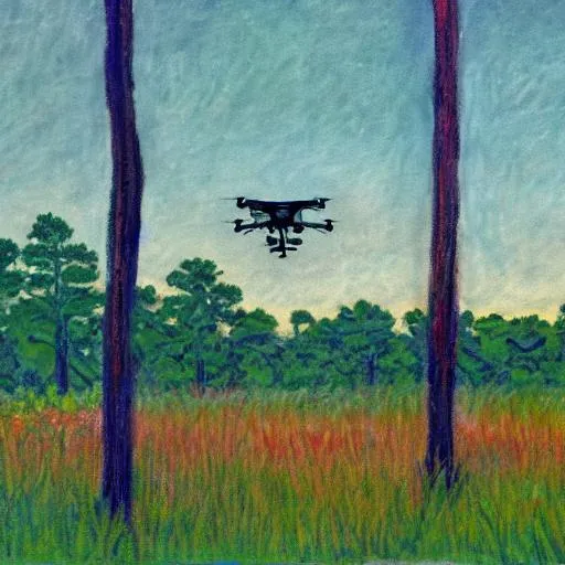 Prompt: Painting of Longleaf pine savanna with students learning in the foreground and a drone in the sky in the style of monet