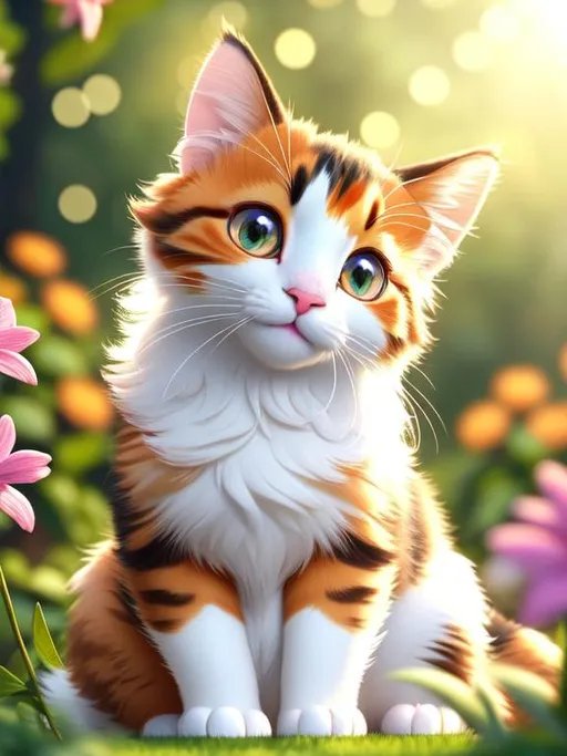 Prompt: Disney Pixar style cute calico cat, highly detailed, fluffy, intricate, big eyes, adorable, beautiful, soft dramatic lighting, light shafts, radiant, ultra high quality octane render, daytime forest background, field of flowers, bokeh, hypermaximalist