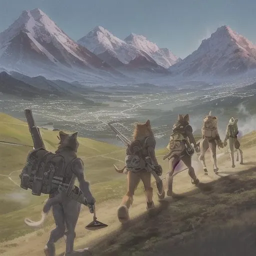 Prompt: A furry and his squad walk through the mountains, where they see a city in the distance, with them, they carry weapons