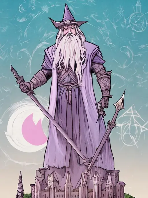 Prompt: Wizard standing in front of castle city. Pagan symbols.