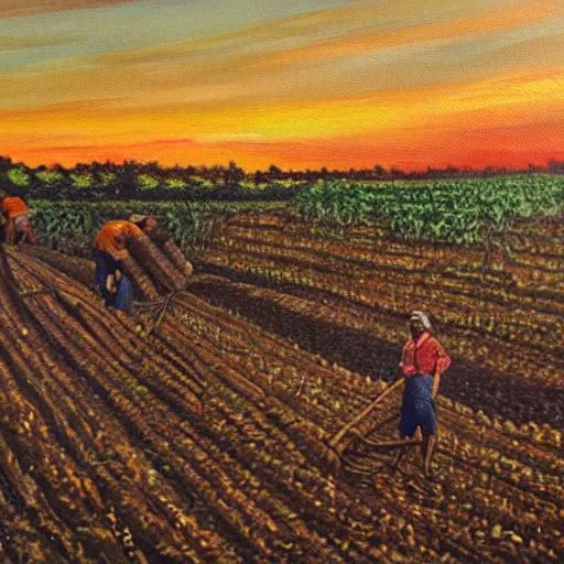 Prompt: painting of woman farming in field of corn during sunset