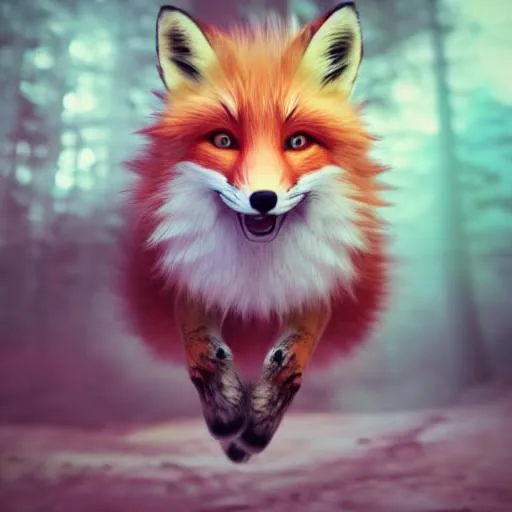 Prompt: epic cute fluffy fox, captured leaping mid air, digital matte, smooth octane volumetric lighting, ethereal forest background vary