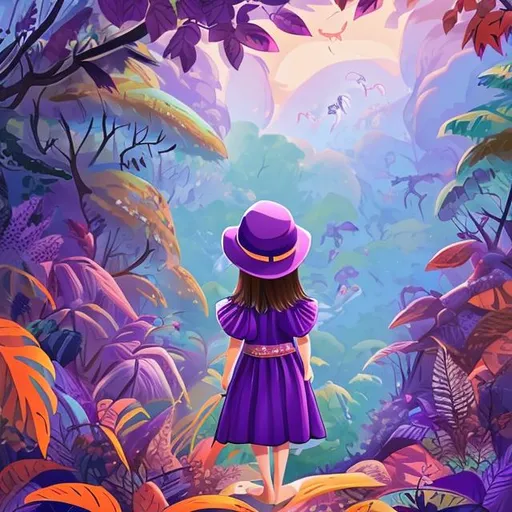 Prompt: One little girl standing in jungle here hand are open her dress is purple he wearing purple hat there are autumn season leaf every where behind her mountain 
In front of her a rabbit is running
