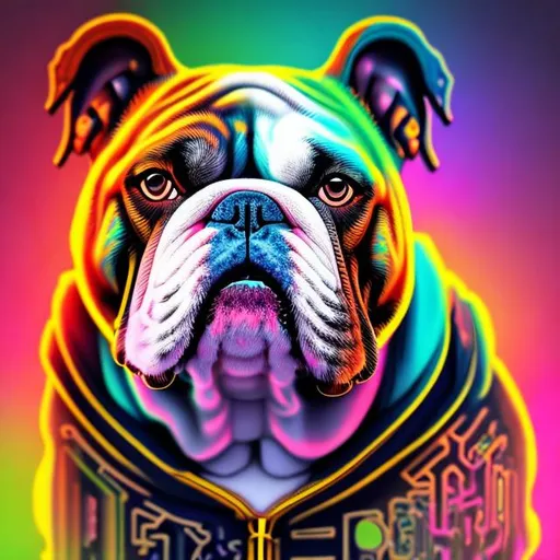 Prompt: colorful  calm cyberpunk  bulldog
 with hoodie

