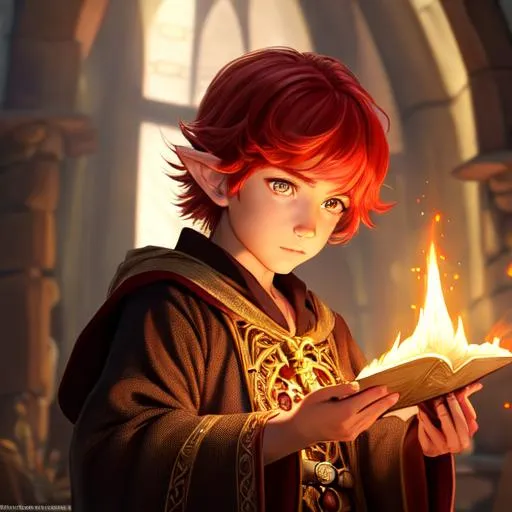 Prompt: oil painting, fantasy, hobbit boy, tanned-skinned-male, beautiful, bright red hair, straight hair, stoic, pointed ears, looking at the viewer, summoner wearing intricate robes and casting a summoning spell, #3238, UHD, hd , 8k eyes, detailed face, big anime dreamy eyes, 8k eyes, intricate details, insanely detailed, masterpiece, cinematic lighting, 8k, complementary colors, golden ratio, octane render, volumetric lighting, unreal 5, artwork, concept art, cover, top model, light on hair colorful glamourous hyperdetailed medieval city background, intricate hyperdetailed breathtaking colorful glamorous scenic view landscape, ultra-fine details, hyper-focused, deep colors, dramatic lighting, ambient lighting god rays, flowers, garden | by sakimi chan, artgerm, wlop, pixiv, tumblr, instagram, deviantart