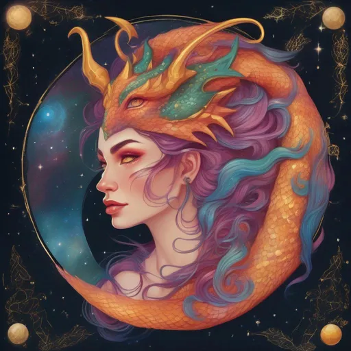 Prompt: A colourful and beautiful Persephone, she is a dragon woman, with scales for skin, horns and gold and gems for hair with a dragon tail, in a painted style. Framed by constellations and the moon