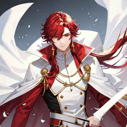 Prompt: Zerif 1male (Red side-swept hair covering his right eye) wearing a royal suit, white cape, 