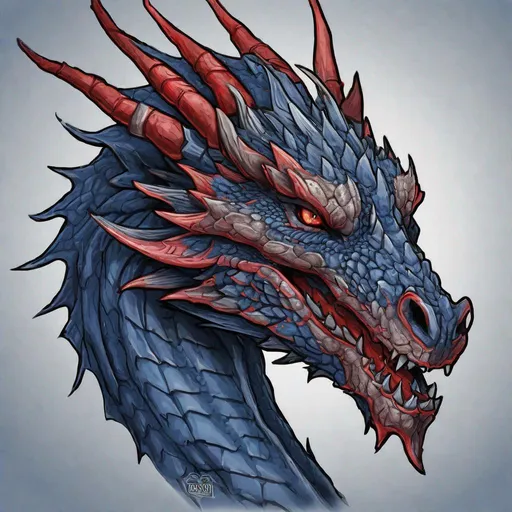 Prompt: Concept design of a dragon. Dragon head portrait. Coloring in the dragon is predominantly dark blue with subtle red streaks and details present.
