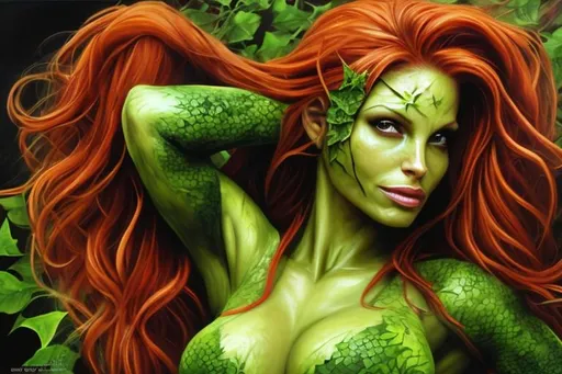 Prompt: Trish stratus as poison ivy, extremely detailed, oil realistic painting, symmetrical face, seducing eyes, cute pose, red hair, Ultra high definition, hyper realistic, 16:3 ratio, 