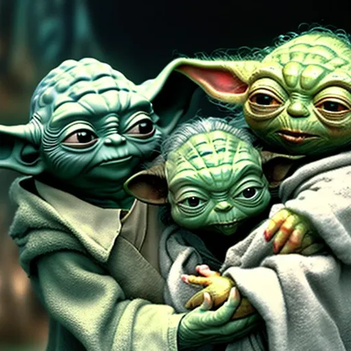 Prompt: Yoda holding baby Yoda 