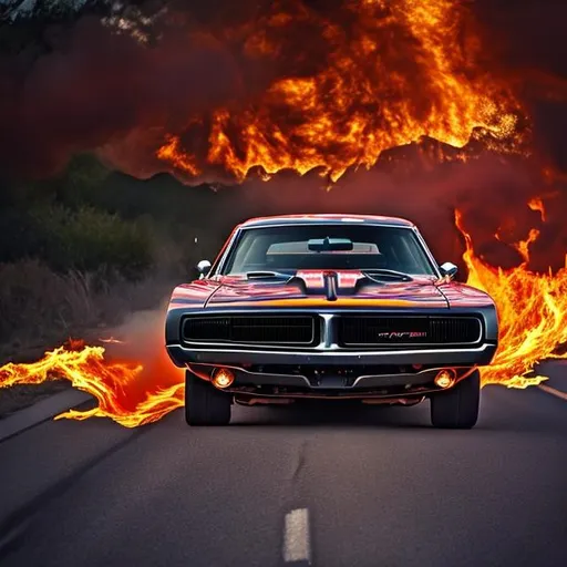 Prompt: Modified dodge charger 1970 riding through fiery road 