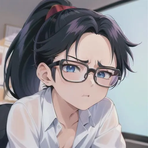 Prompt: Shota, 90s anime style, detailed, intricate face, detailed eyes, gentle tones, 90s tones, shoto, 1boy, (boy with feminine feature's), blue eyes, unbuttoned white shirt, black business pants, ponytail, black hair, glasses, worried face, office background 