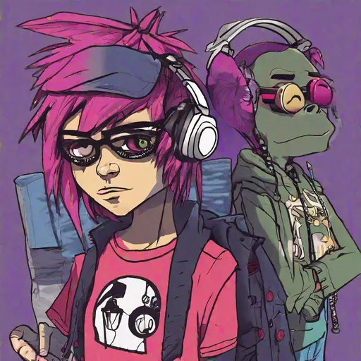 Prompt: Draw me a picture of a casual gamer inspired by the gorillaz, die antwerp, and mindless self indulgence 