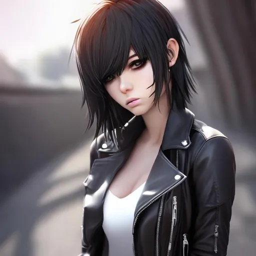 Prompt: Semi realistic, anime woman, leather jacket