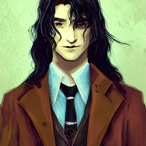 Prompt: long black haired 18 year old dark wizard, based on newt scamander from harry potter