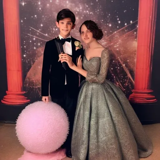 Prompt: Boy in a tuxedo holding his magic wand shaped like a stick and standing next to his girlfriend who is in a big red puffy sparkly ball gown at prom