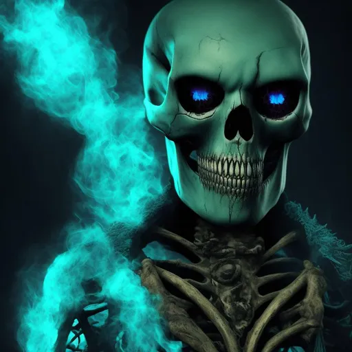 Prompt: Undead Pirate Skeleton with Teal Flames around him, a Dramatic photo, and a dark background. flames coming out of his eye sockets. Eyepatch covering his left eye, Ghostly atmosphere, mystical, fantasy, Captain, Evil and scary, Realistic proportions,
