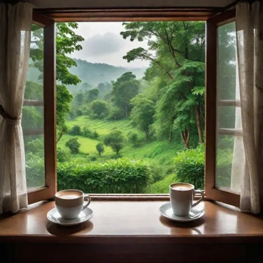 Prompt: Staggering nature view from the house window along with coffee mug on the table that is giving striking "look" to its viewers