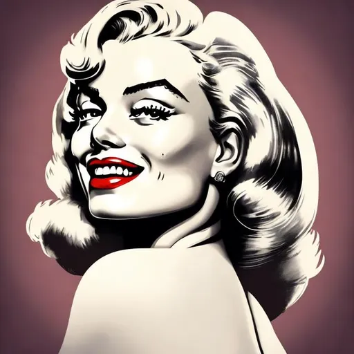 Prompt: Marilyn Monroe inspired pin-up illustration of Margot Robbie, vintage pin-up style, retro glamour, classic Hollywood, cinematic lighting, high quality, detailed portrait, iconic red lipstick, radiant smile, vintage clothing, classic curls, black and white, glamorous, cinematic, vintage, retro, classic Hollywood, detailed features, professional lighting
