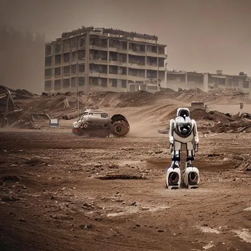 Prompt: gloomy, dusty realistic background, no buildings in sight, just gray mud and dirt, dust, sky filled with gray clouds, no sun in sight, huge robots with piercing red laser eyes storming around, forcing humans dressed up in rags onto their knees, humans with cuts and scratches all over them