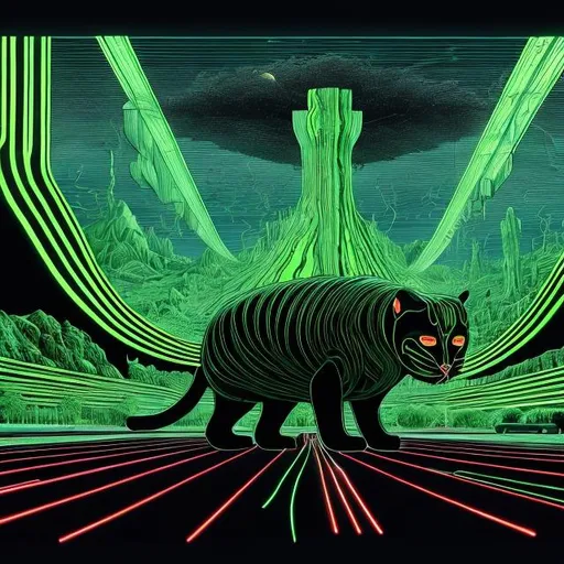 Prompt: giant obsidian cat inlaid with neon green playing guitar, in the style of Jacek Yerka, wide perspective view, infinity vanishing point