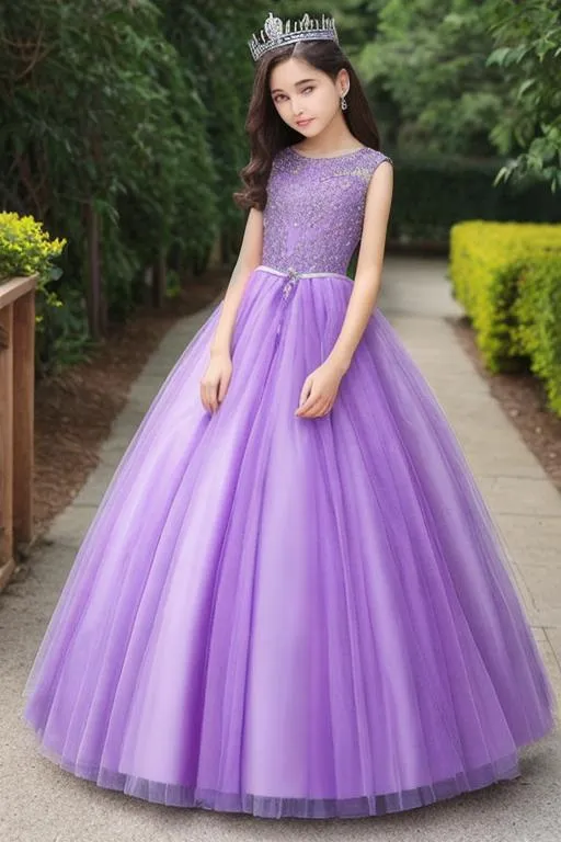 Prompt: Girl 14yo, Queen purple dress, dress long, Queen crown,