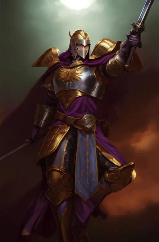 Prompt: Fulgrim the Phoenician, armored in purple and gold, realistic, Man, holding sword, realistic, blurry khaki background, human, White full face mask, hyper realistic, futuristic, helmet, glowing blue eyes, retro, wings, Snowy White face