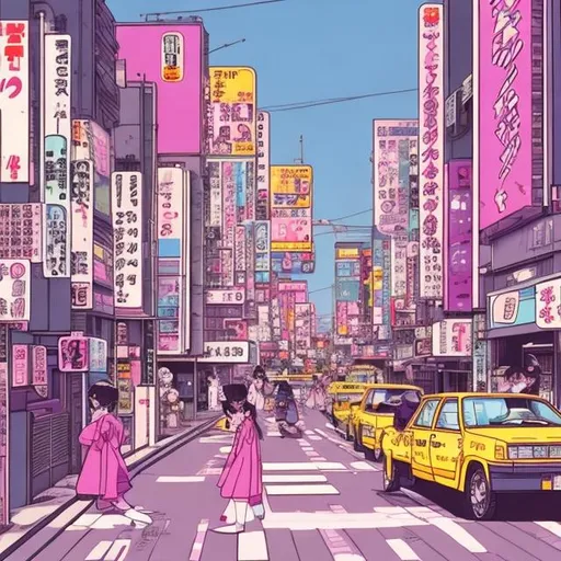 Prompt: 80s japan, street, high school, boy and girl, purple color, pink color, animation, taxi, citypop

