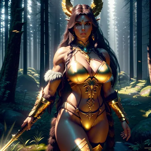 Prompt: {wide angle} {long shot} {center shot} 3D, HD, Fantasy, Mystical, Dreamy, ({Middle-aged}female as Barbarian) {facing camera}, Expansive Magical Forest background, ultra-detailed, backlit, shadows, ultra-sharp focus, detail, ominous, symmetrical, golden ratio, intricate, cinematic character render, unreal engine 5, 64K --s98500