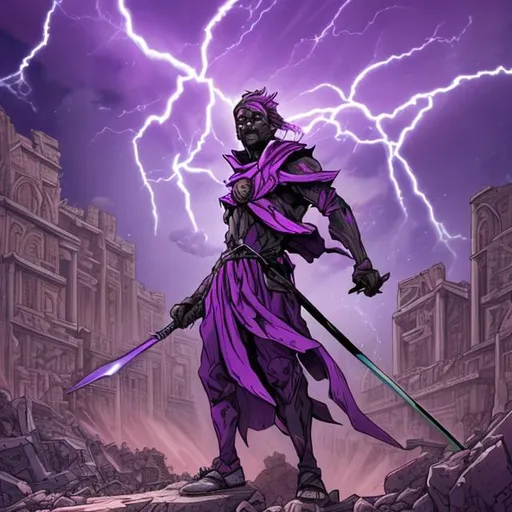 Prompt: A purple coloured man standing in front of a ruin of a heavenly city. His purple hairs were flying in the air. He had red flashy eyes. In his hand, a puple sword was flashing with lightening.