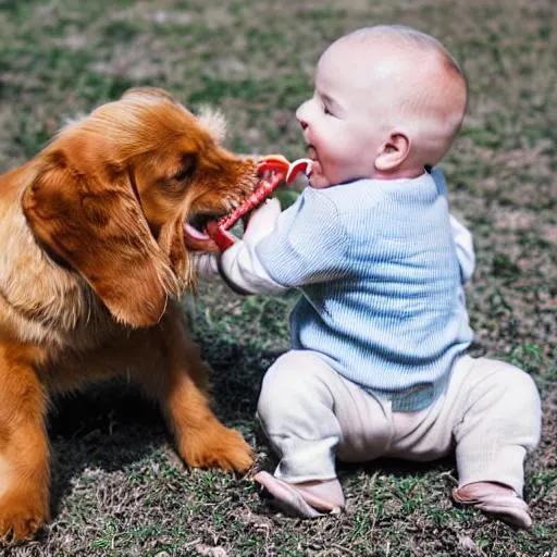 Prompt: a dog eating a baby