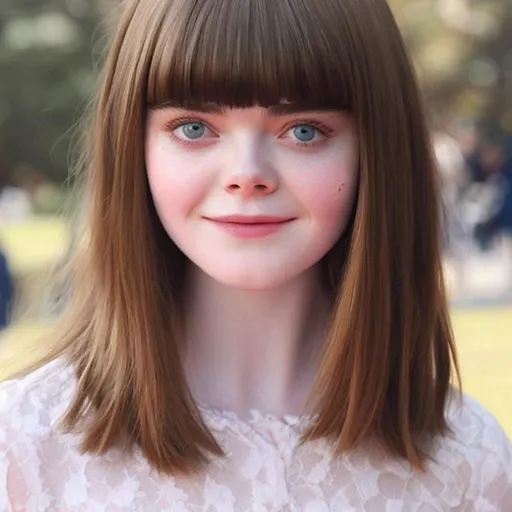 Prompt: Elle Fanning looking beautiful with brunette hair cut into a pageboy with bangs.