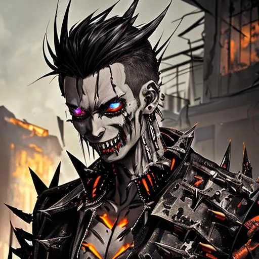 Prompt: Portrait of a cyborg vampire with black demon wings and sharp teeth. The man's body is covered with metal nails that serve him as a weapon and defense, and sharp fangs that allow him to bite and tear. He has glow yellow eyes and long brown hair, and is wearing a ripped shirt and jeans. The background is a ruined city, with destroyed buildings and burnt out cars. The vampire has a fierce and menacing expression, and is holding a gun, 4K, highly detailed, natural light, dark colors