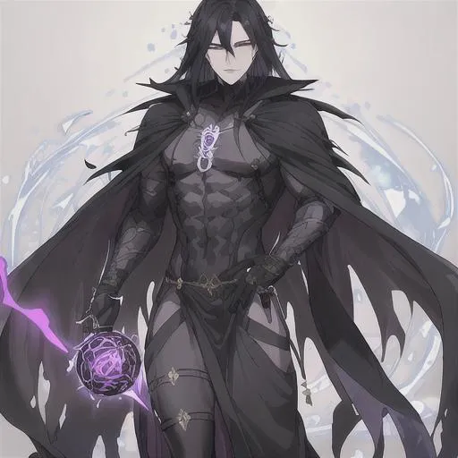 Prompt: male necromancer in a long, flowing black robe, adorned with intricate patterns and sigils. He carries an obsidian orb to channel his magic. In this base skin, his abilities would be recolored with dark, necrotic energy effects. clear detailed eyes.